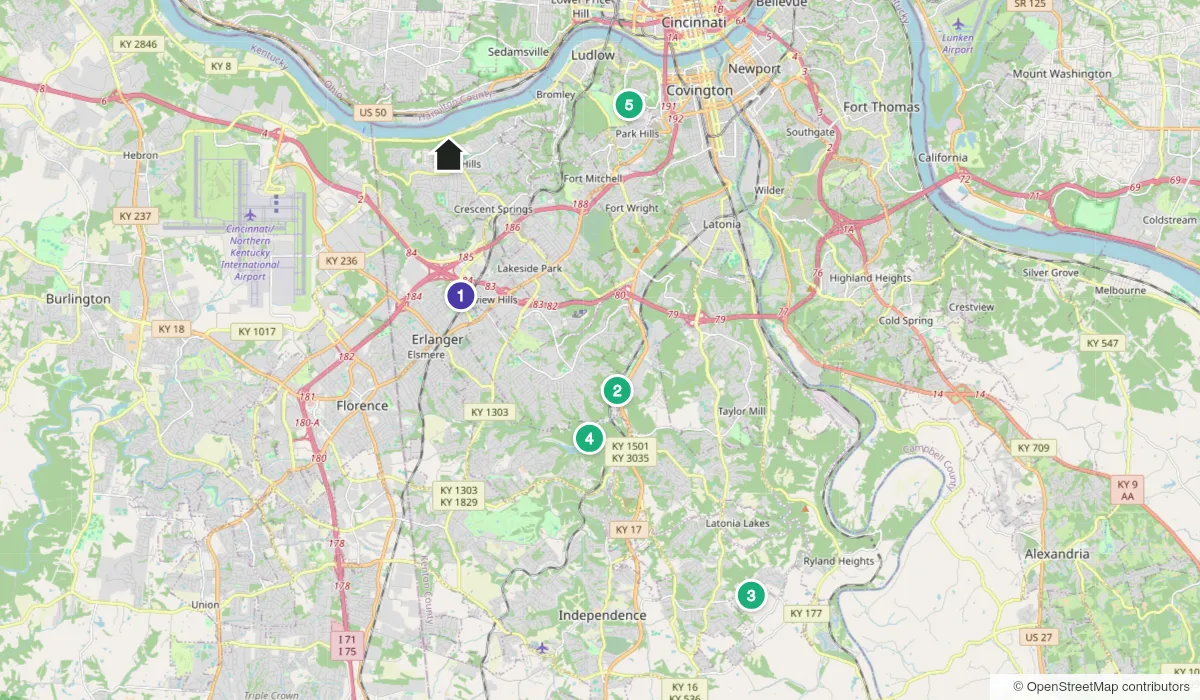 Map near Villa Hills showing Erlanger Branch Library, Pioneer Park, Middleton-Mills Park, Doe Run Lake Park, Devou Park and Carpenter's Trace