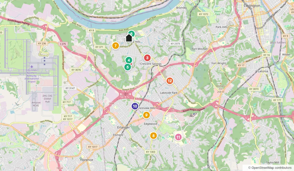 Map of Villa Hills showing Carpenter's Trace, the city building, police and fire, schools, parks and the library