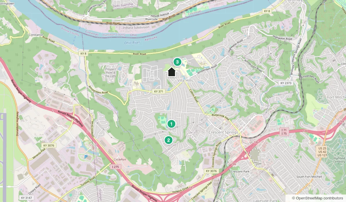 Map near Villa Hills showing Franzen Fields & City-Civic Park, Harry Rigney Park, Villa Madonna Complex (Tom Braun Fields) and Carpenter's Trace