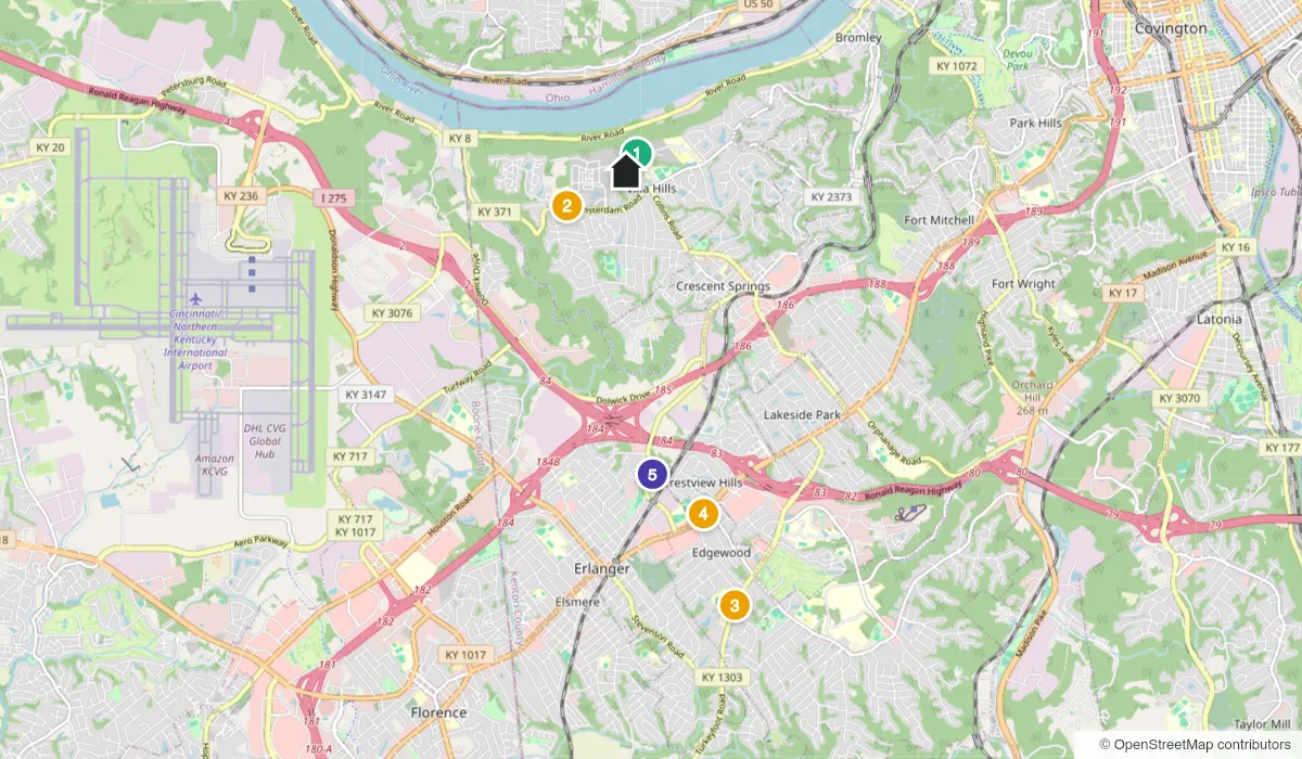 Map near Villa Hills showing Villa Madonna Complex (Tom Braun Fields), River Ridge Elementary (polling place), Turkey Foot Middle, Dixie Heights High, Erlanger Branch Library and Carpenter's Trace