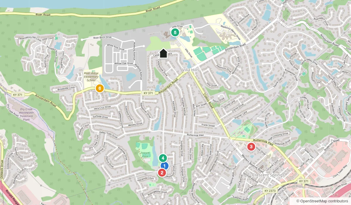 Map near Villa Hills showing Villa Hills City Building, Villa Hills Police, Crescent Springs/Villa Hills Fire, Franzen Fields & City-Civic Park, Villa Madonna Complex (Tom Braun Fields), River Ridge Elementary (polling place) and Carpenter's Trace